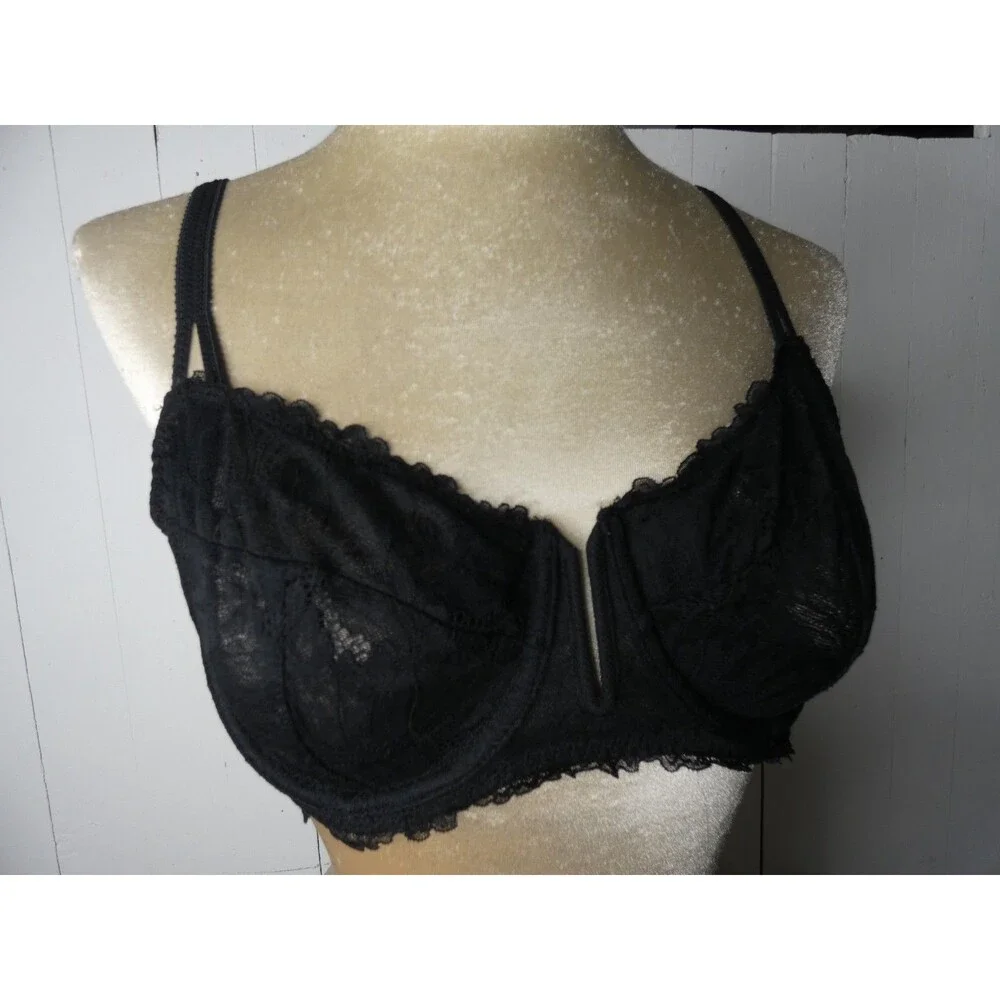 Auden Womens' 38C Black Lace Balconette Bra Unlined Deep V Underwire Sheer